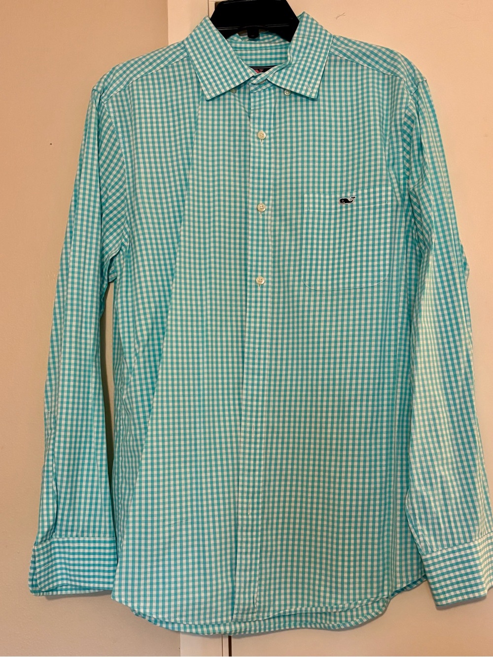 Vineyard Vines Aqua and White Gingham Dress Shirt